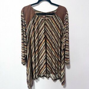 Multiples Brown Asymmetrical‎ liquid knit 3/4 Sleeve Blouse 2X